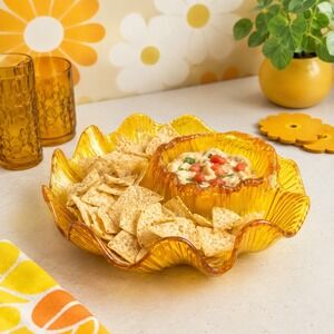 Vintage MCM Amber Wavy Chip & Dip Bowl Heavy Plastic 1970s Retro Server